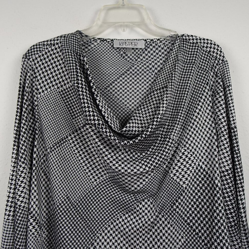 Kasper Houndstooth Top Women's Plus Size 1X Black White Long Sleeve Cowl Neck - Picture 3 of 10